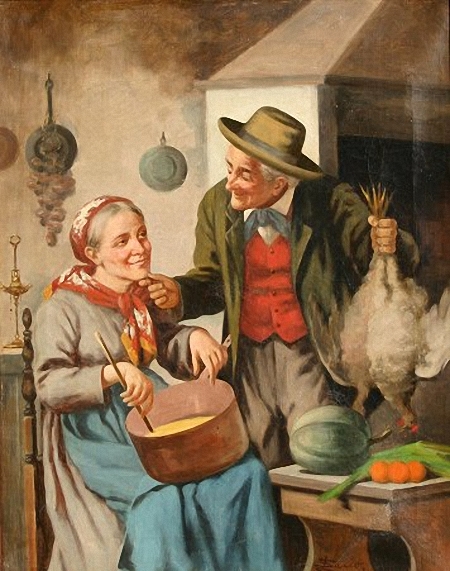 Kitchen Genre Scene With Elderly Couple by Luca Sacco